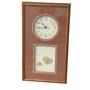 Boho 1970s Gold SHELL Wall CLOCK SOLID OAK FRAME Vintage BY FIJI —Works!—